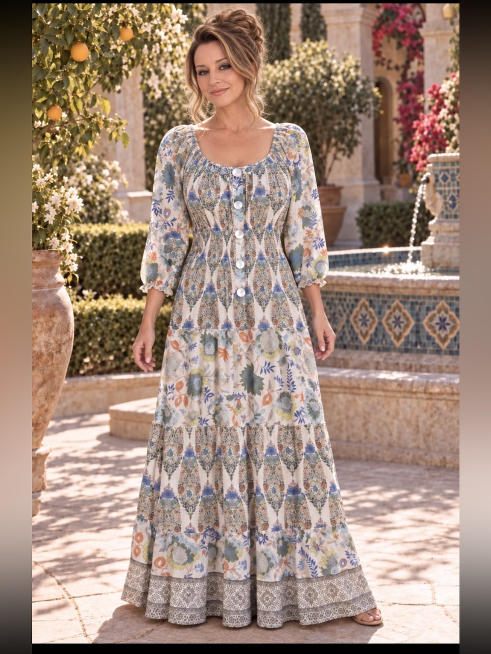 NWT Boho Figueroa and Flower Green Cream Blue Maxi Tiered Smocked Dress L